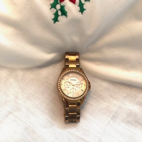 Fossil Rose Gold Large Crystal Bezel Link Watch - Picture 2 of 8